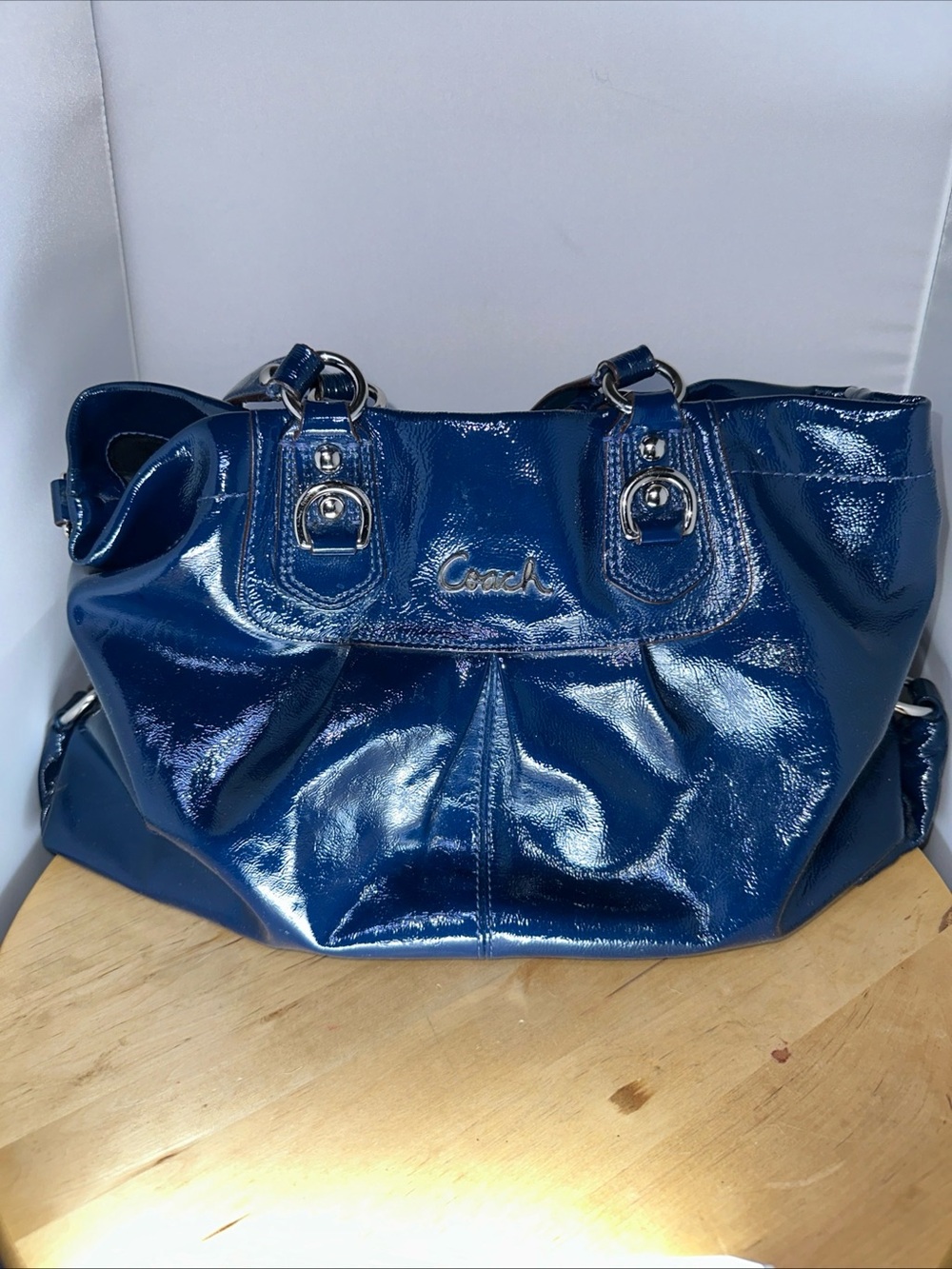 Coach Ashley Patent Leather Dark Blue Large Satchel/ Shoulder Handbag